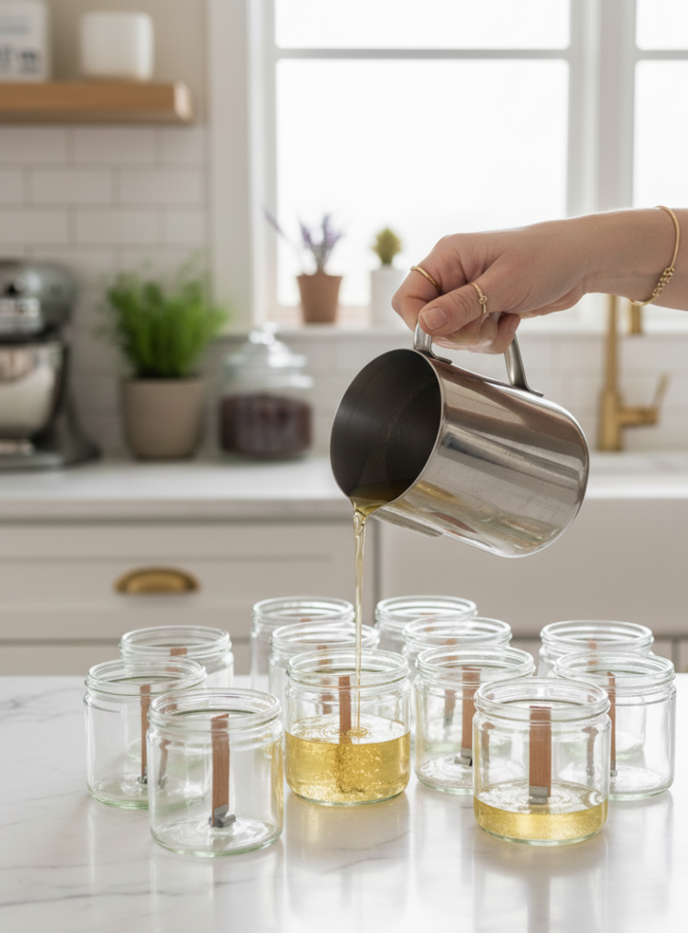 Hand pouring golden melted sunflower and olive wax into glass jars with wooden wicks on a kitchen counter.