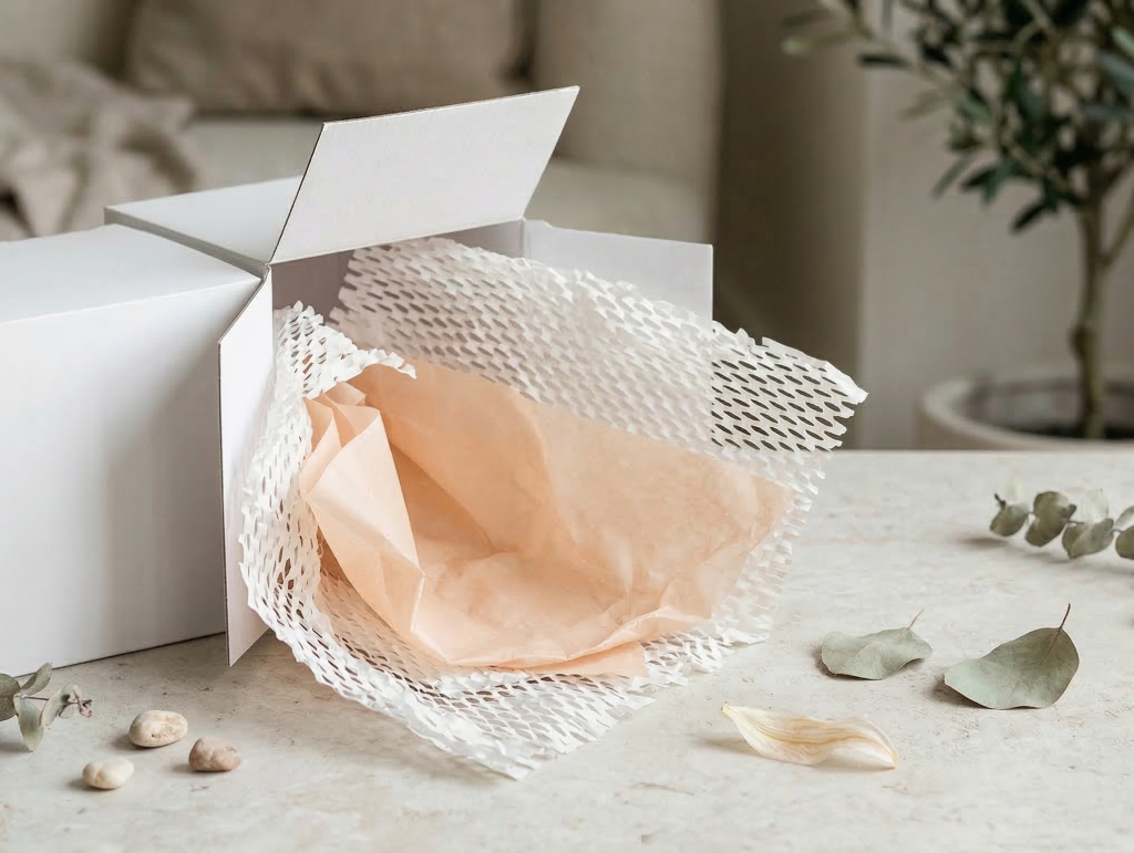 Sustainable packaging materials featuring an open white cardboard box. Inside, protective white honeycomb paper wrap and peach-coloured tissue paper spill out onto a beige surface decorated with small pebbles and dried eucalyptus leaves.